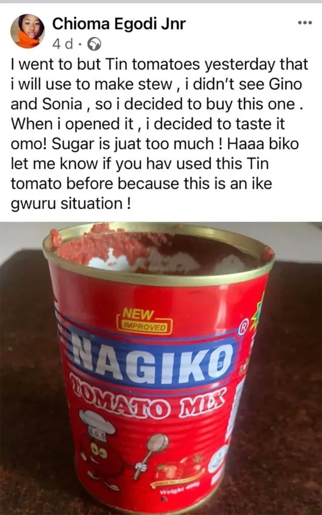 Chioma Okoli's social media post claiming that Erisco Foods Limited product, Nagiko Tomato Mix tasted excessively sweet